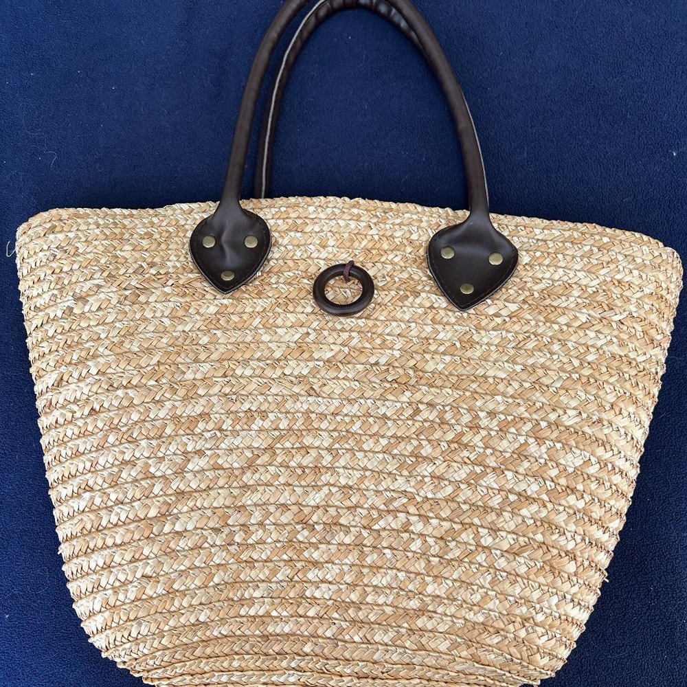 Yankee Candle Straw Handbag Tote Purse with Fabric Polka Dot Liner